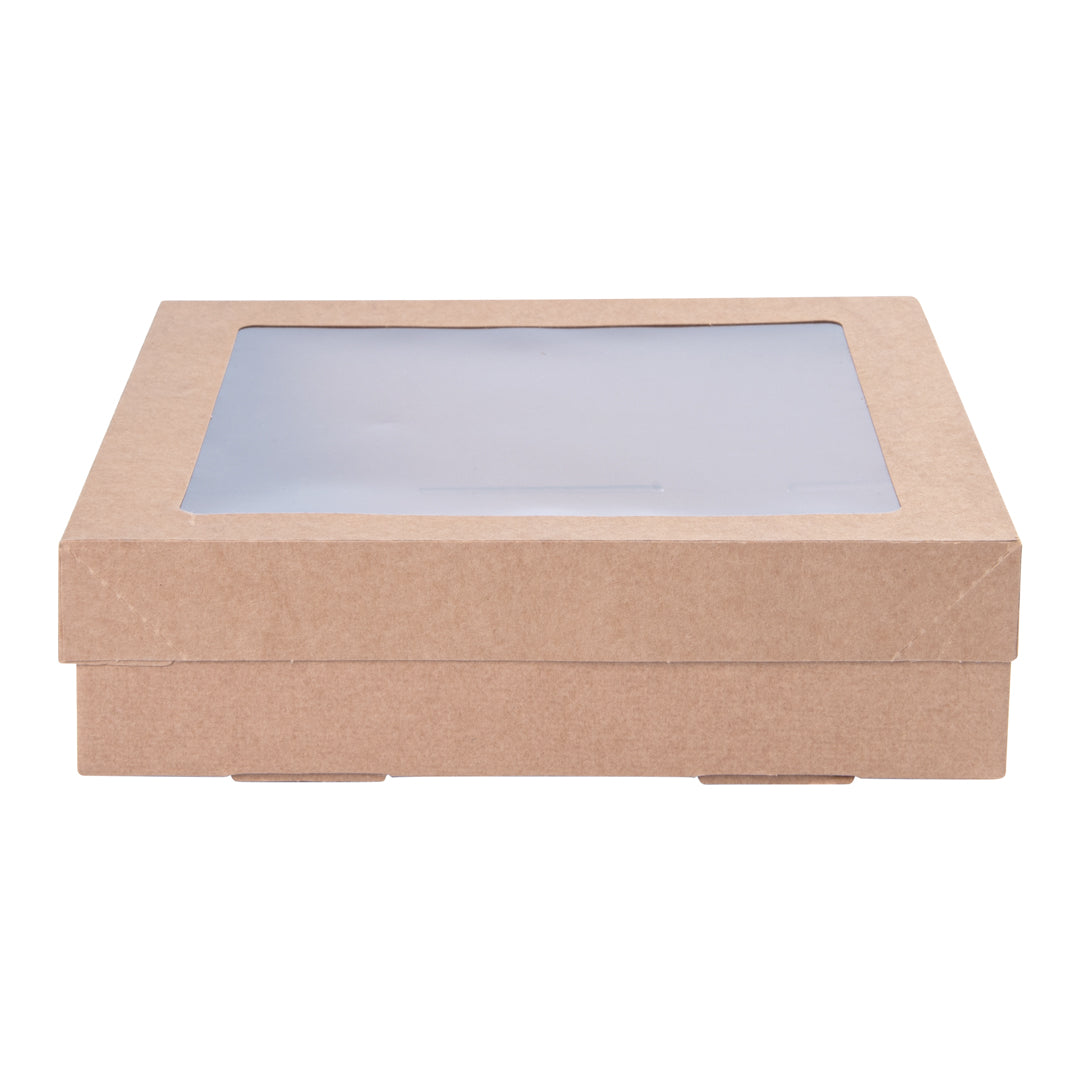 Cater Tek Square Kraft Paper Catering Box - with Window Lid - 9" x 9" x 2 1/4" - 10 count box