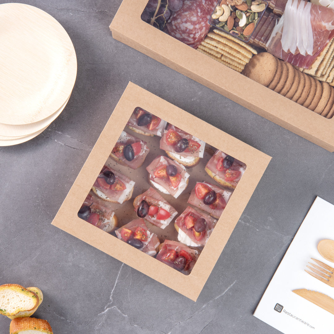 Cater Tek Square Kraft Paper Catering Box - with Window Lid - 9" x 9" x 2 1/4" - 10 count box