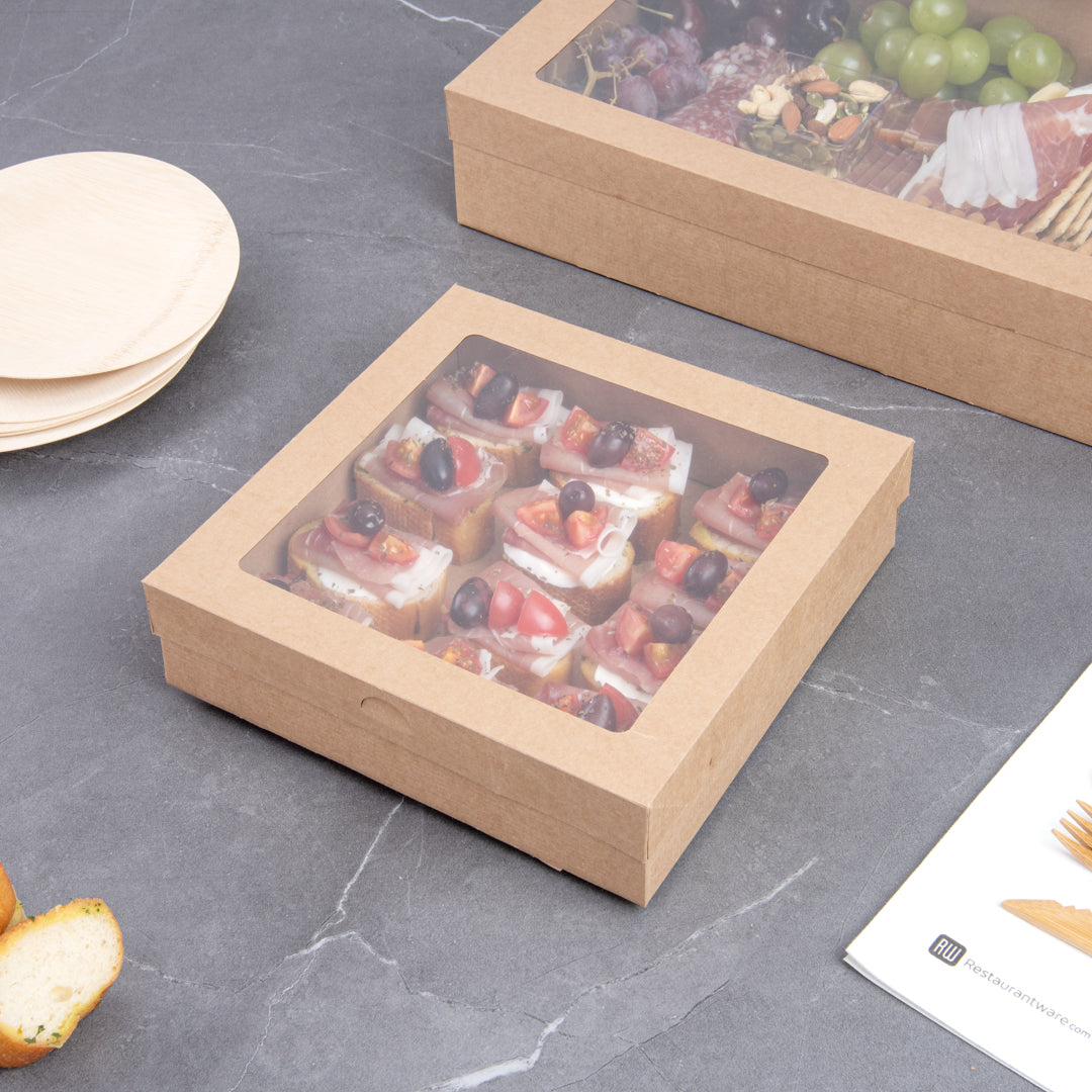 Cater Tek Square Kraft Paper Catering Box - with Window Lid - 9" x 9" x 2 1/4" - 10 count box