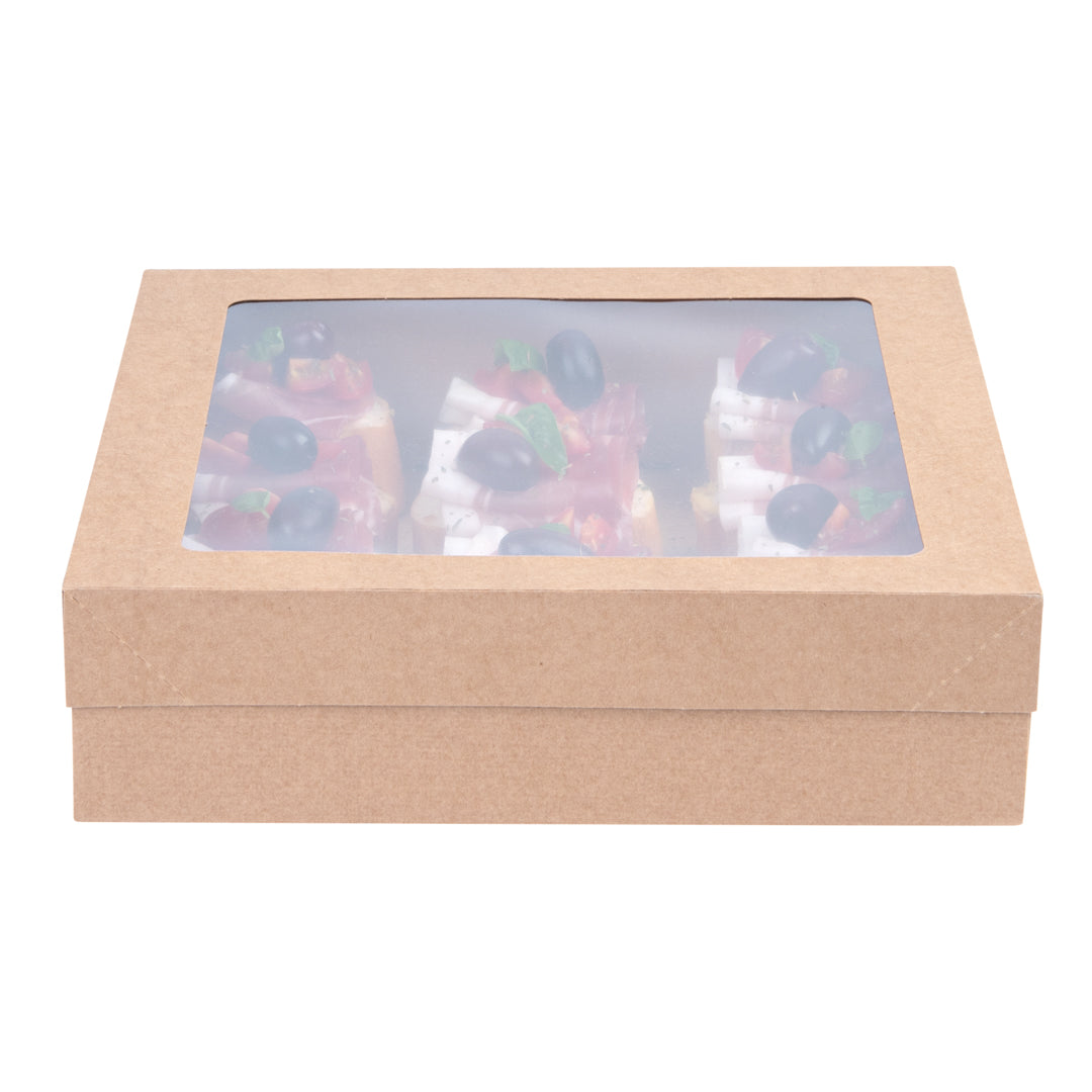 Cater Tek Square Kraft Paper Catering Box - with Window Lid - 9" x 9" x 2 1/4" - 100 count box