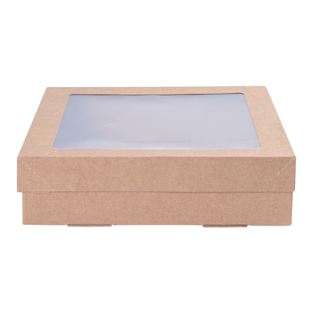 Cater Tek Square Kraft Paper Catering Box - with Window Lid - 9" x 9" x 2 1/4" - 100 count box