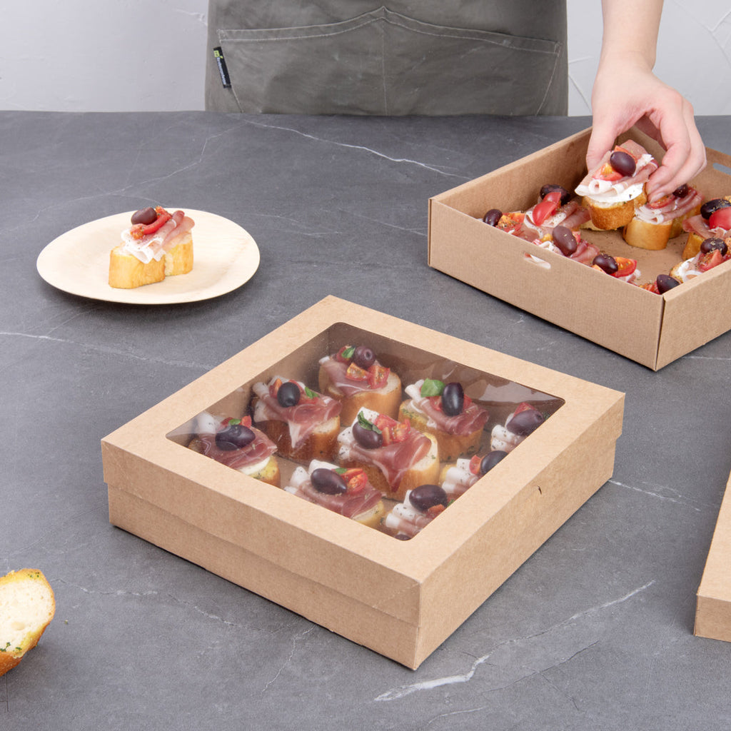 Cater Tek Square Kraft Paper Catering Box - with Window Lid - 9" x 9" x 2 1/4" - 100 count box