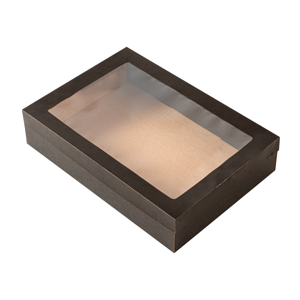 Cater Tek Rectangle Black Paper Catering Box - with Window Lid - 14 1/4" x 10" x 3 1/4" - 10 count box