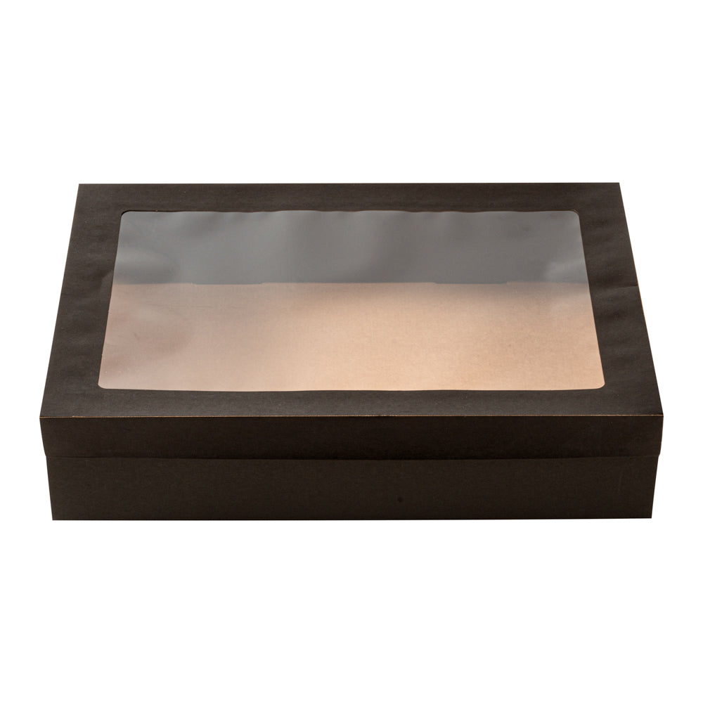 Cater Tek Rectangle Black Paper Catering Box - with Window Lid - 14 1/4" x 10" x 3 1/4" - 10 count box