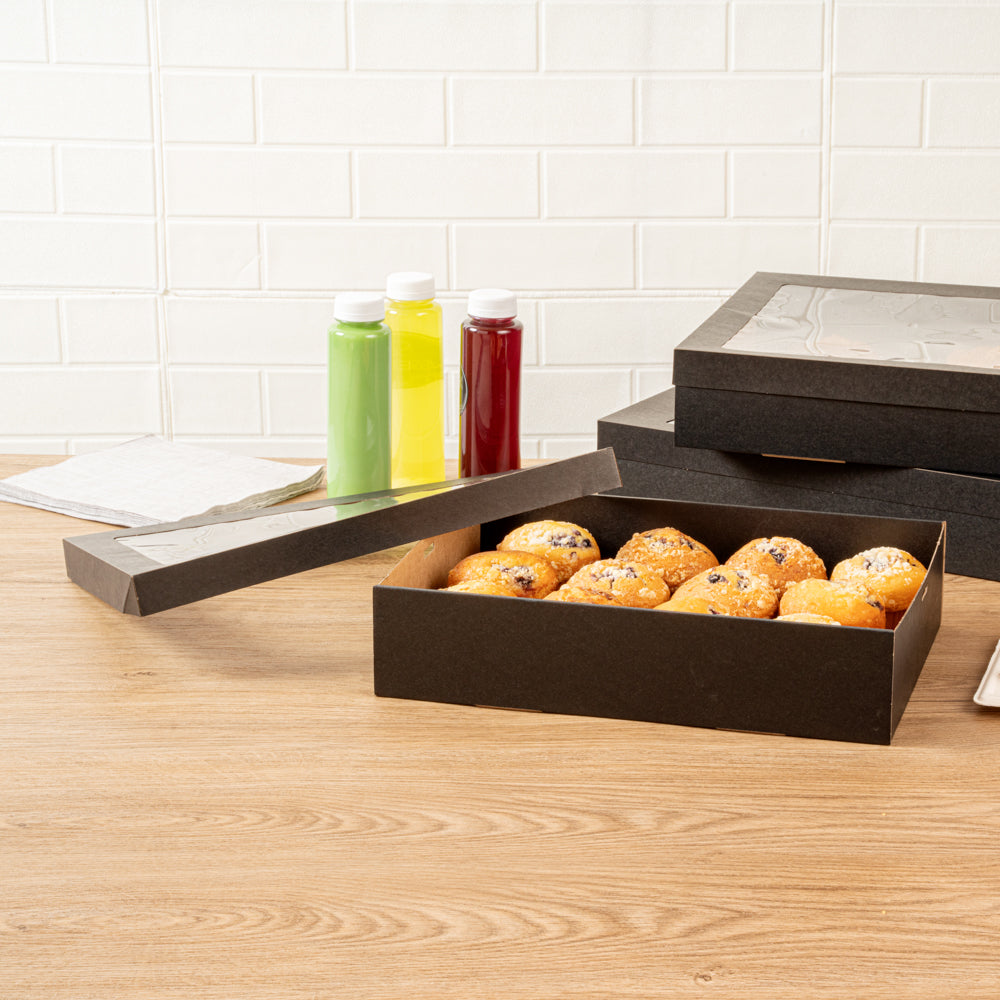 Cater Tek Rectangle Black Paper Catering Box - with Window Lid - 14 1/4" x 10" x 3 1/4" - 10 count box