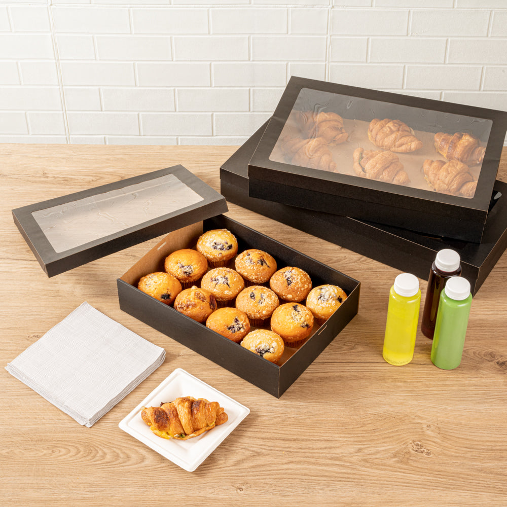 Cater Tek Rectangle Black Paper Catering Box - with Window Lid - 14 1/4" x 10" x 3 1/4" - 100 count box