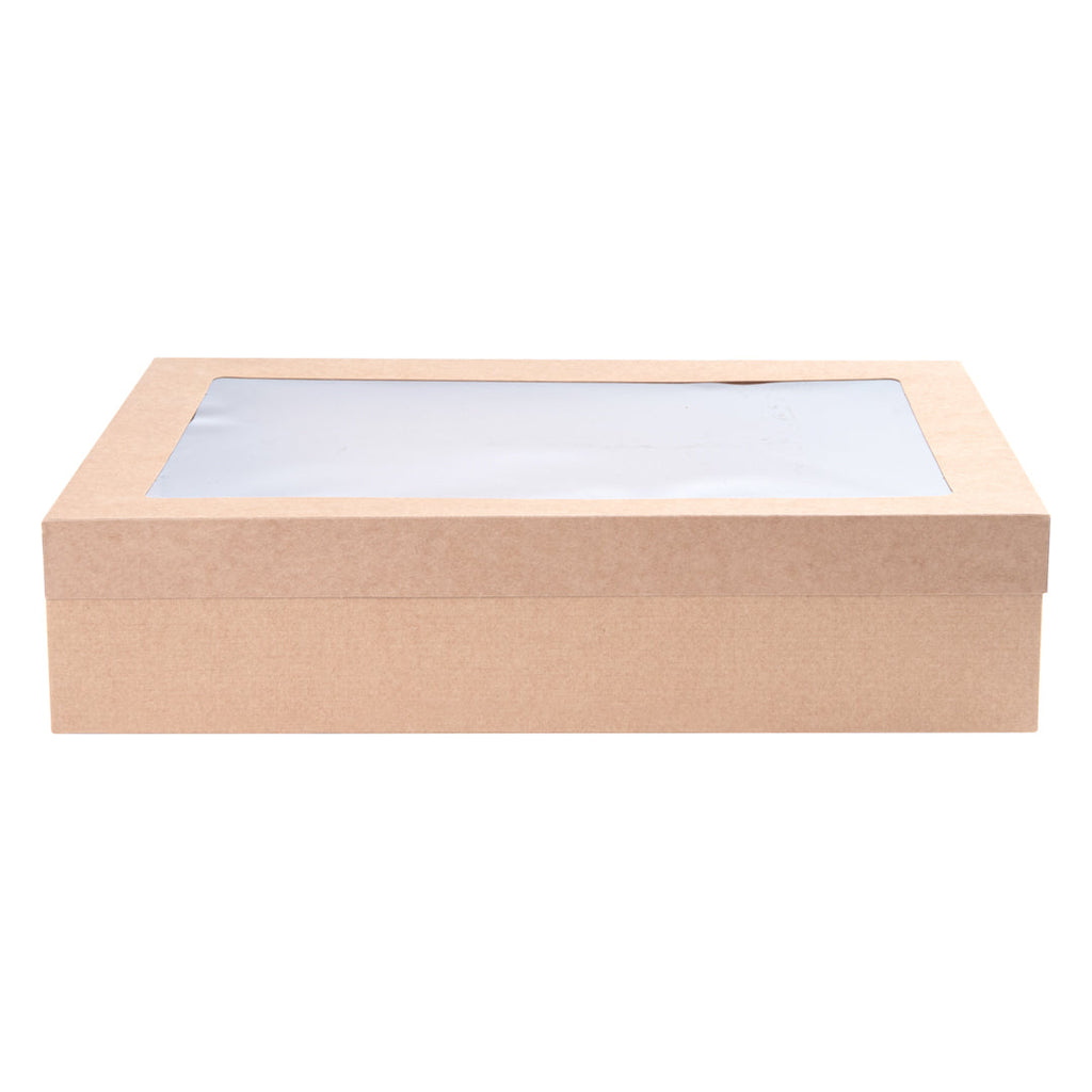 Cater Tek Rectangle Kraft Paper Catering Box - with Window Lid - 14 1/4" x 10" x 3 1/4" - 10 count box