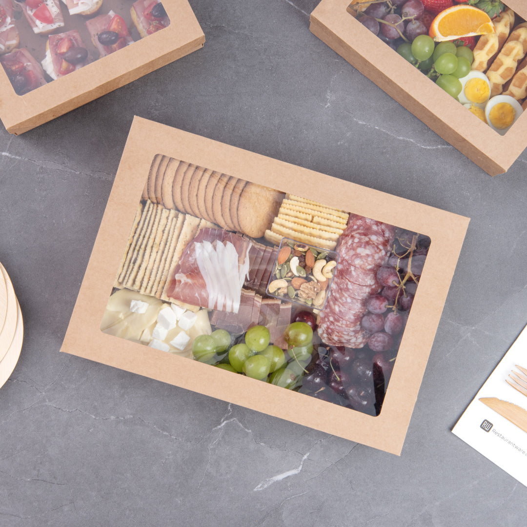 Cater Tek Rectangle Kraft Paper Catering Box - with Window Lid - 14 1/4" x 10" x 3 1/4" - 10 count box