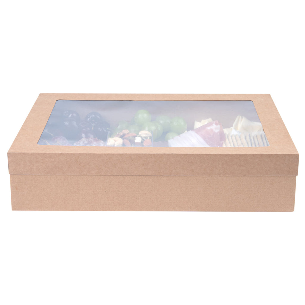 Cater Tek Rectangle Kraft Paper Catering Box - with Window Lid - 14 1/4" x 10" x 3 1/4" - 100 count box