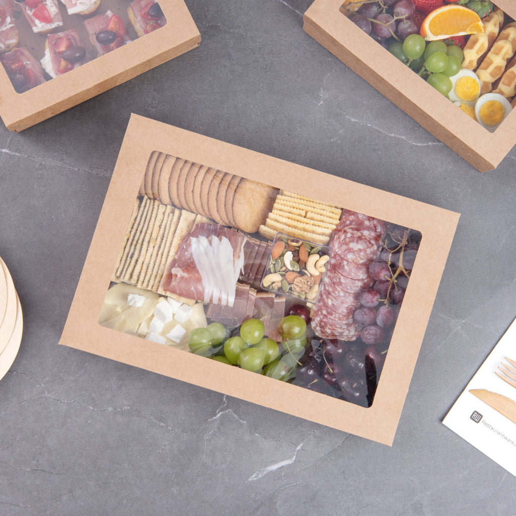 Cater Tek Rectangle Kraft Paper Catering Box - with Window Lid - 14 1/4" x 10" x 3 1/4" - 100 count box