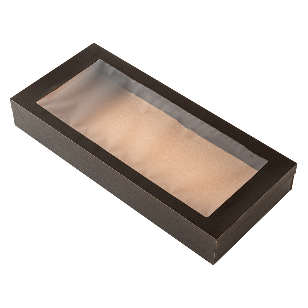 Cater Tek Rectangle Black Paper Catering Box - with Window Lid - 22 1/4" x 10" x 3 1/4" - 10 count box