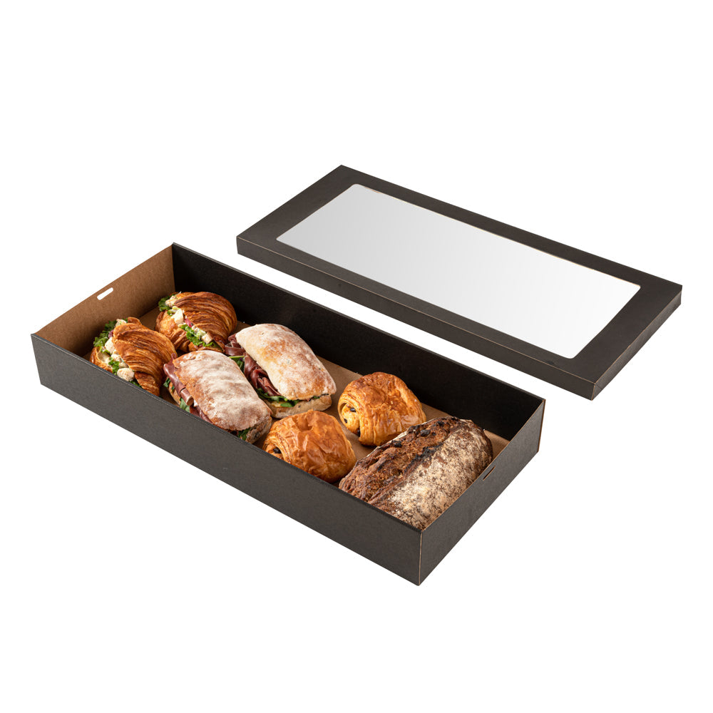 Cater Tek Rectangle Black Paper Catering Box - with Window Lid - 22 1/4" x 10" x 3 1/4" - 10 count box