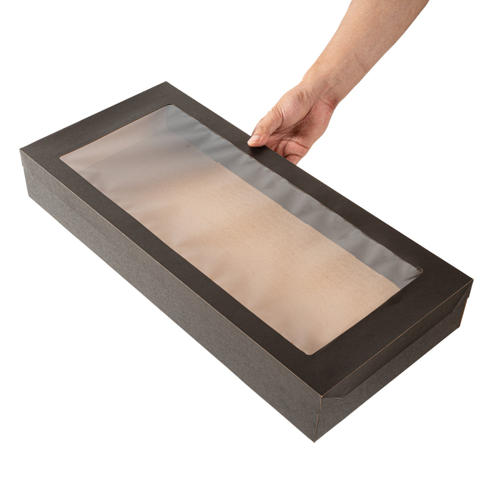 Cater Tek Rectangle Black Paper Catering Box - with Window Lid - 22 1/4" x 10" x 3 1/4" - 10 count box