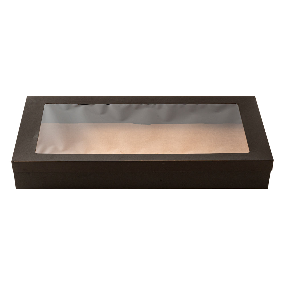 Cater Tek Rectangle Black Paper Catering Box - with Window Lid - 22 1/4" x 10" x 3 1/4" - 10 count box
