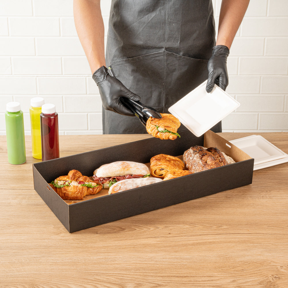 Cater Tek Rectangle Black Paper Catering Box - with Window Lid - 22 1/4" x 10" x 3 1/4" - 10 count box