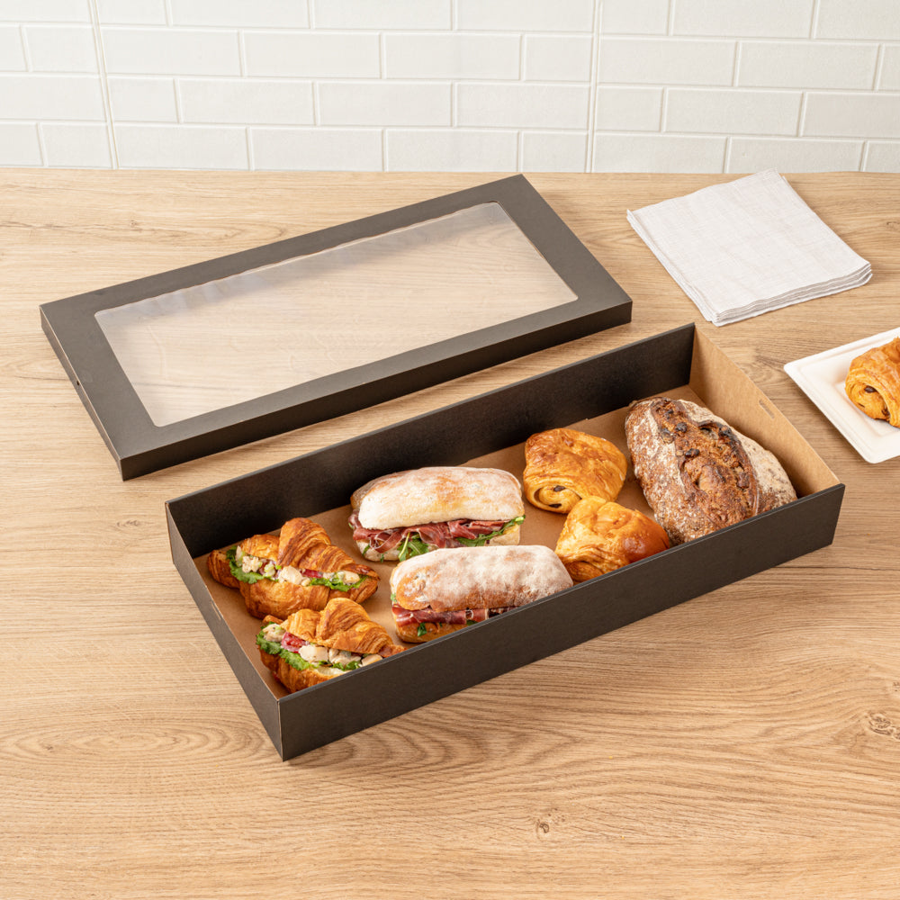Cater Tek Rectangle Black Paper Catering Box - with Window Lid - 22 1/4" x 10" x 3 1/4" - 100 count box