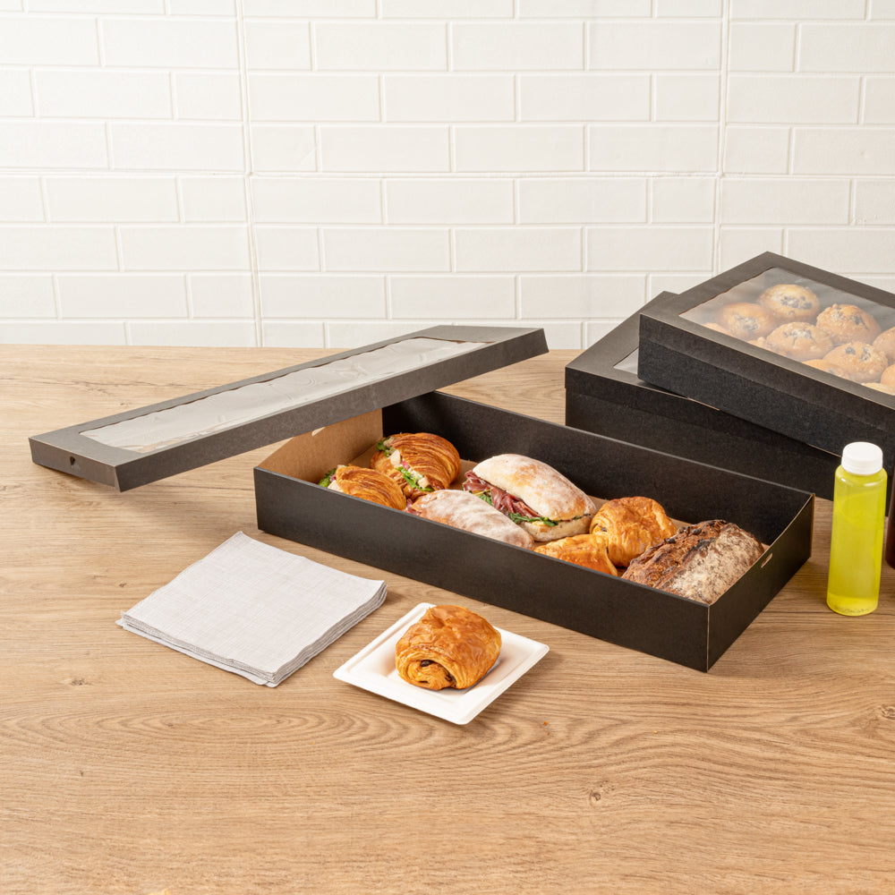 Cater Tek Rectangle Black Paper Catering Box - with Window Lid - 22 1/4" x 10" x 3 1/4" - 100 count box