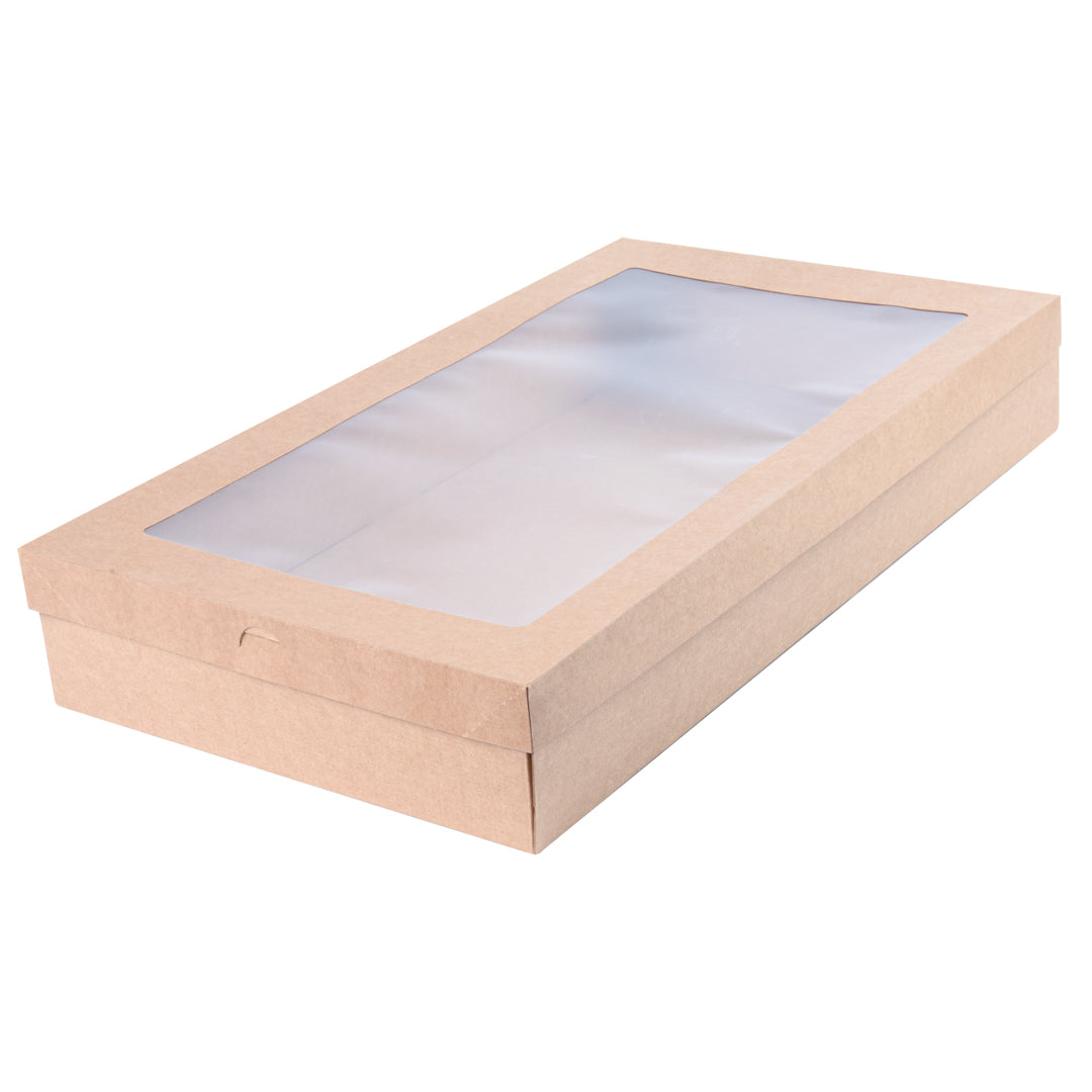 Cater Tek Rectangle Kraft Paper Catering Box - with Window Lid - 22 1/4" x 10" x 3 1/4" - 10 count box