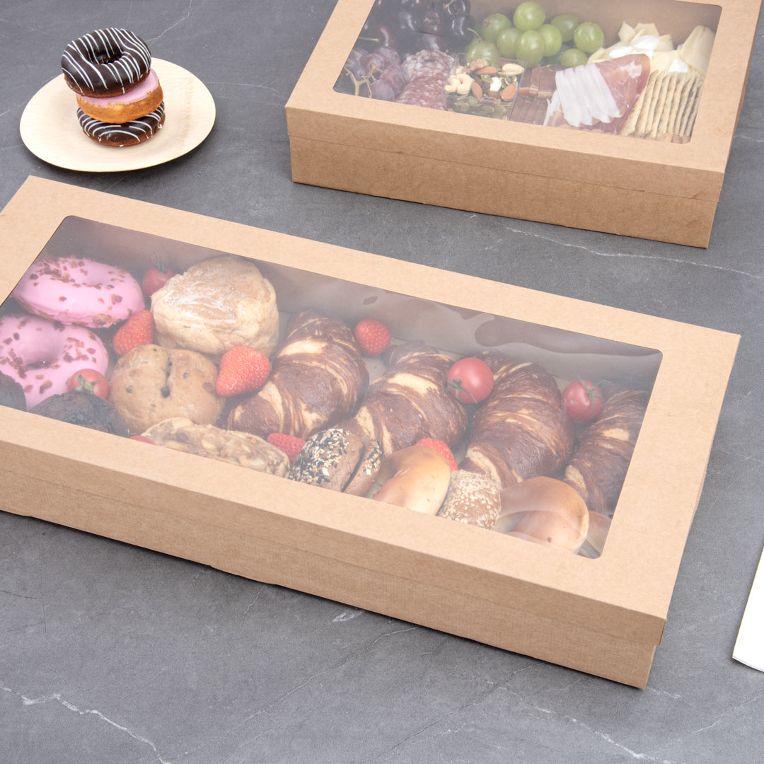 Cater Tek Rectangle Kraft Paper Catering Box - with Window Lid - 22 1/4" x 10" x 3 1/4" - 10 count box
