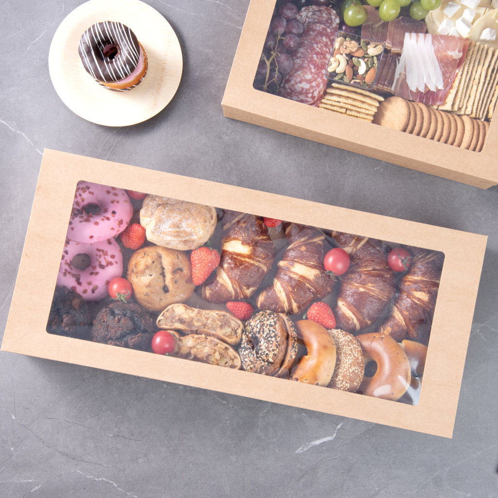 Cater Tek Rectangle Kraft Paper Catering Box - with Window Lid - 22 1/4" x 10" x 3 1/4" - 10 count box