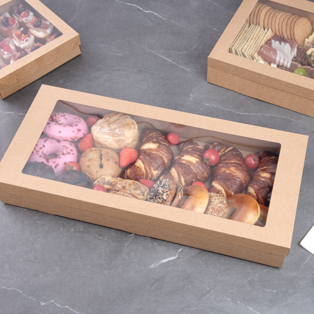 Cater Tek Rectangle Kraft Paper Catering Box - with Window Lid - 22 1/4" x 10" x 3 1/4" - 100 count box
