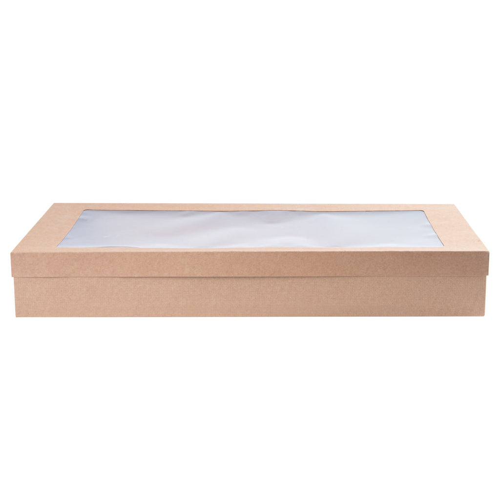 Cater Tek Rectangle Kraft Paper Catering Box - with Window Lid - 22 1/4" x 10" x 3 1/4" - 100 count box