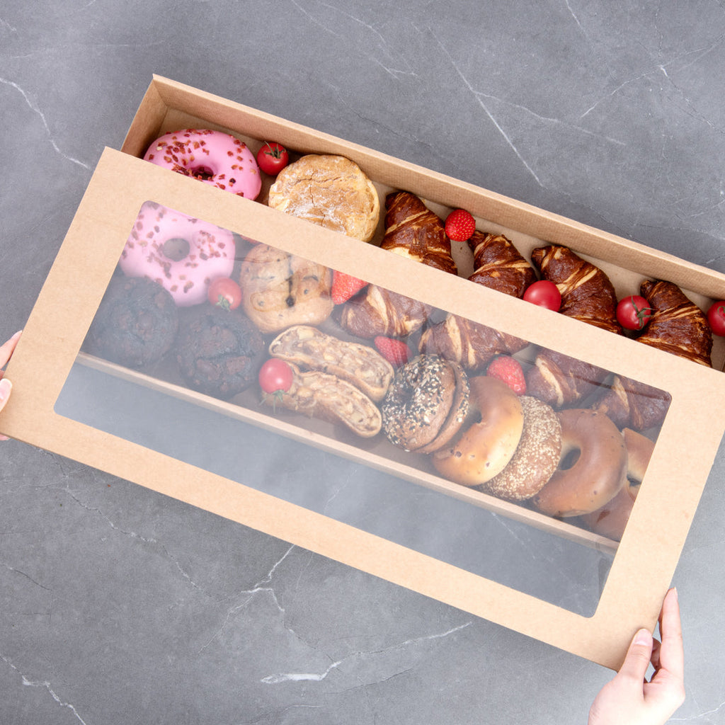 Cater Tek Rectangle Kraft Paper Catering Box - with Window Lid - 22 1/4" x 10" x 3 1/4" - 100 count box
