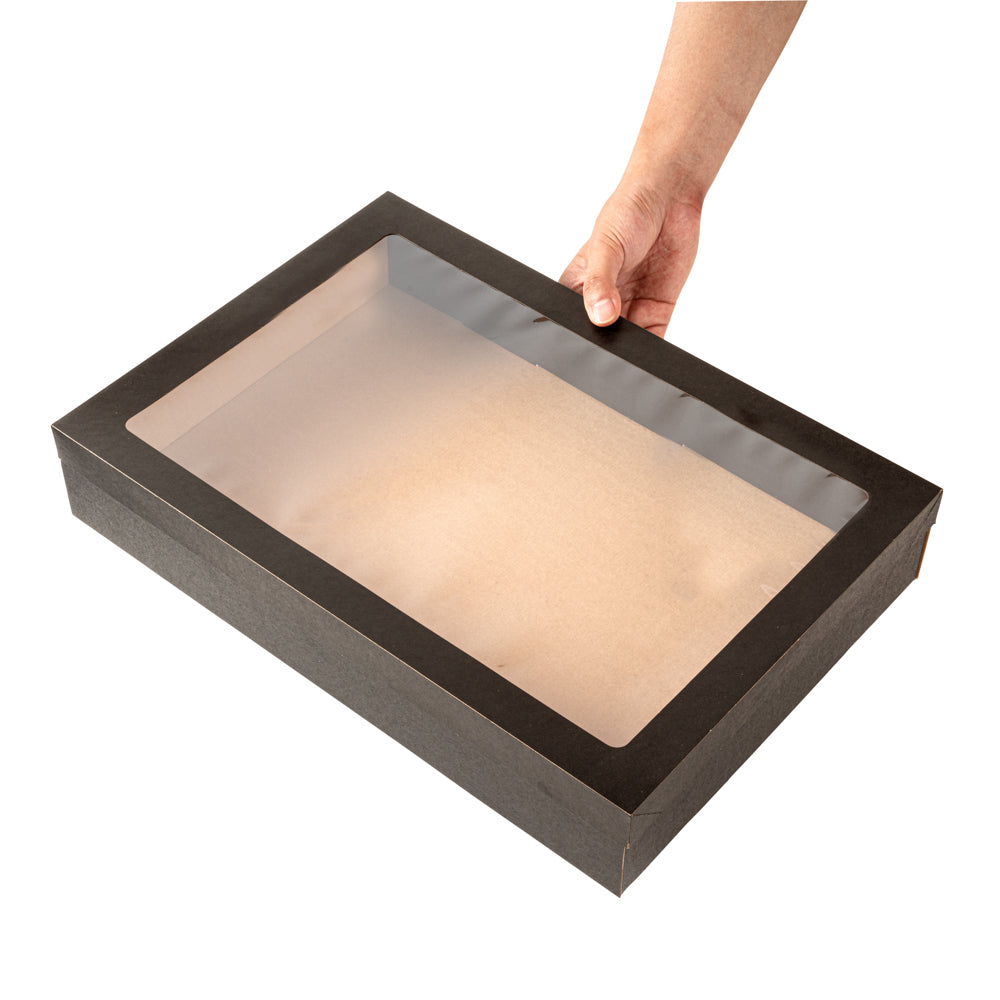 Cater Tek Rectangle Black Paper Catering Box - with Window Lid - 18" x 12 1/4" x 3 1/4" - 10 count box