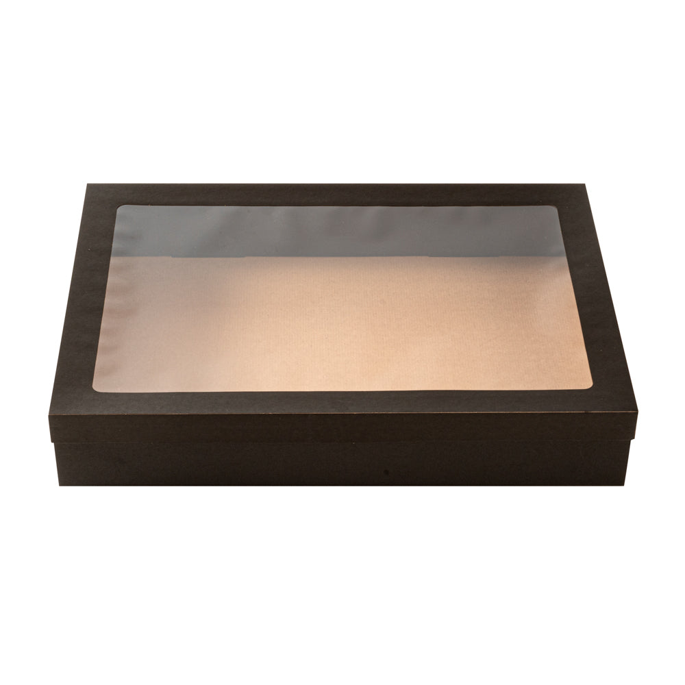 Cater Tek Rectangle Black Paper Catering Box - with Window Lid - 18" x 12 1/4" x 3 1/4" - 10 count box