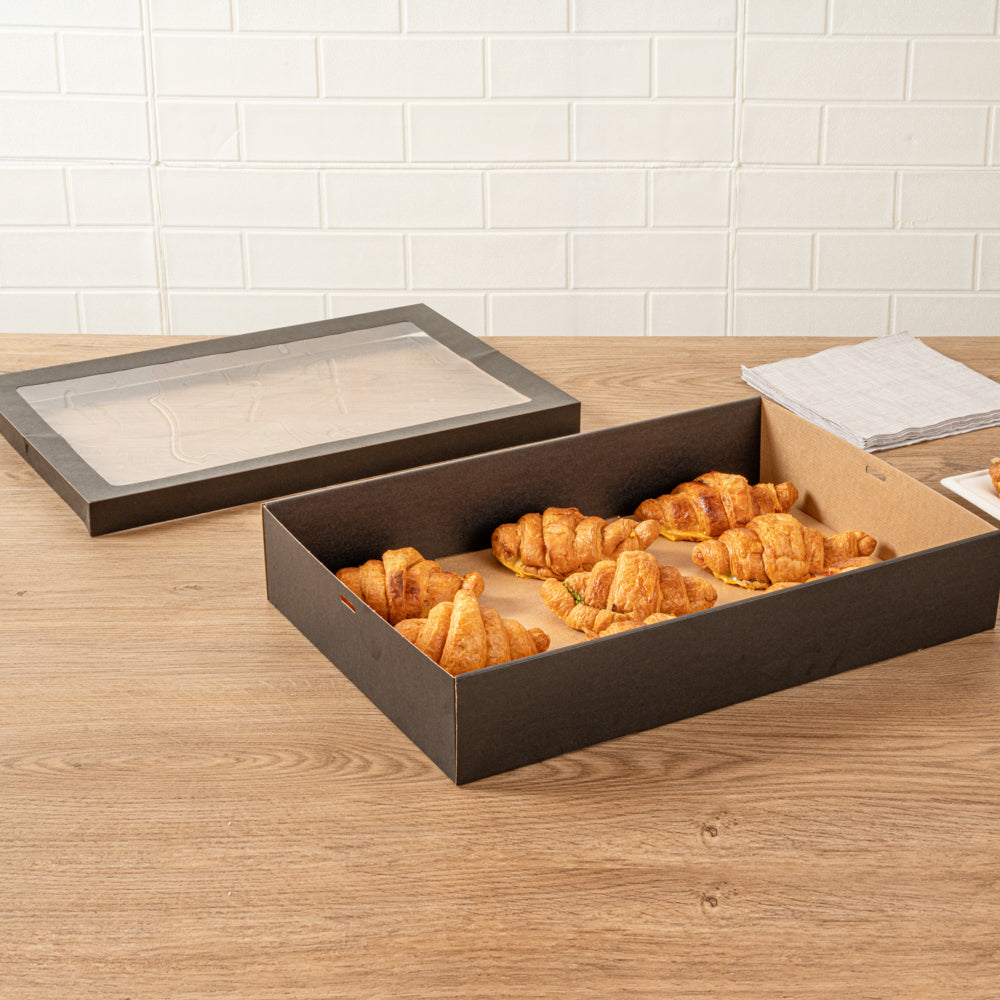 Cater Tek Rectangle Black Paper Catering Box - with Window Lid - 18" x 12 1/4" x 3 1/4" - 10 count box