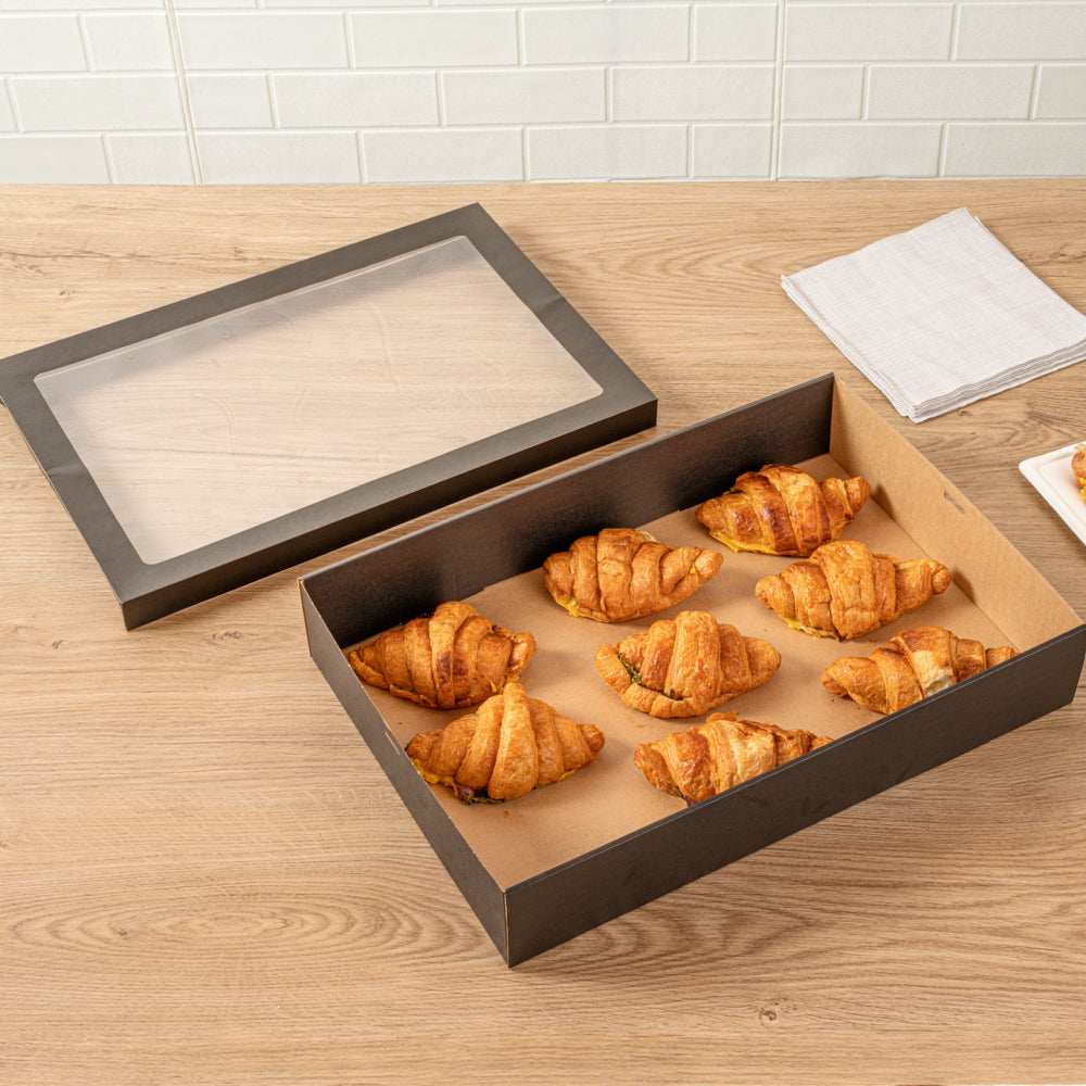 Cater Tek Rectangle Black Paper Catering Box - with Window Lid - 18" x 12 1/4" x 3 1/4" - 100 count box