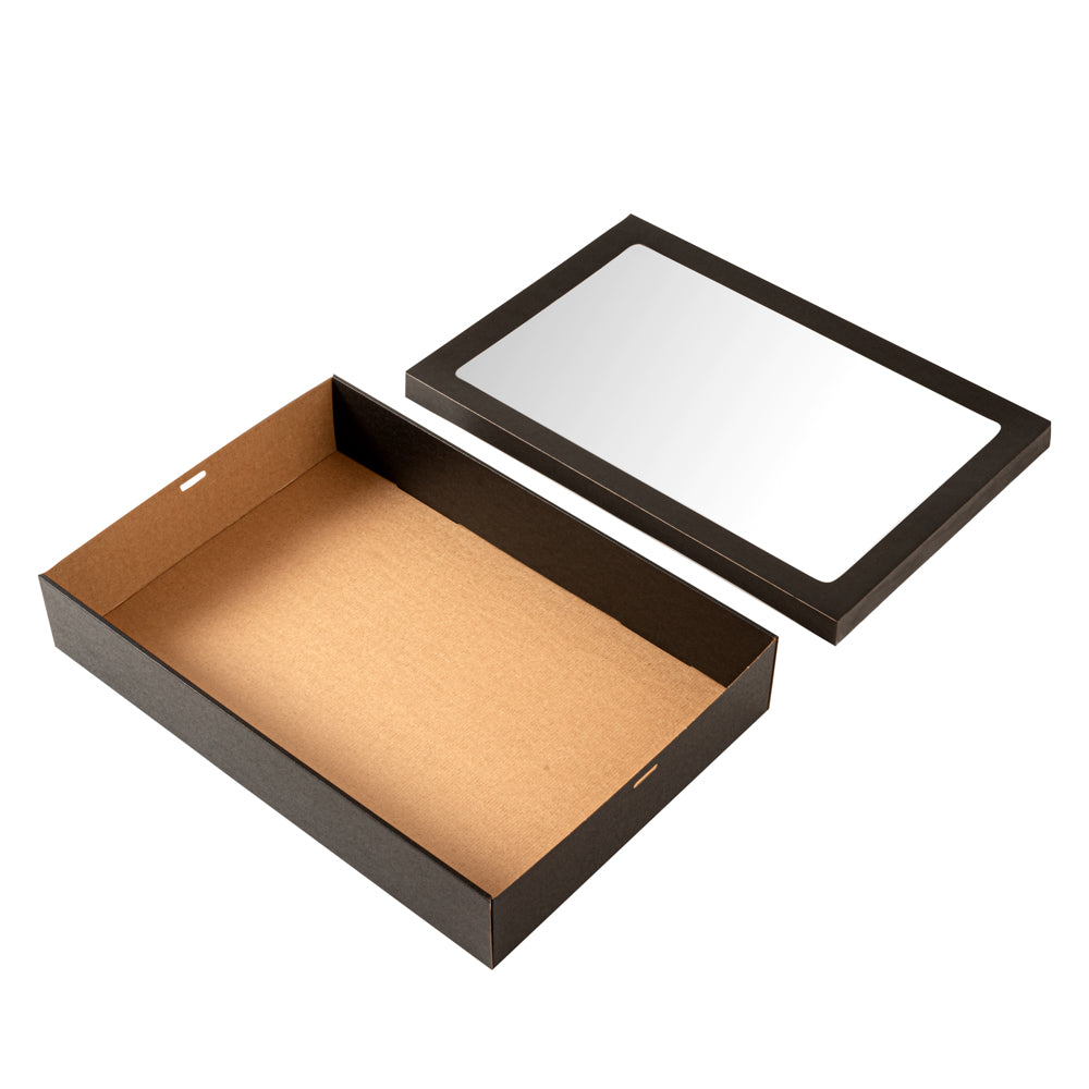 Cater Tek Rectangle Black Paper Catering Box - with Window Lid - 18" x 12 1/4" x 3 1/4" - 100 count box