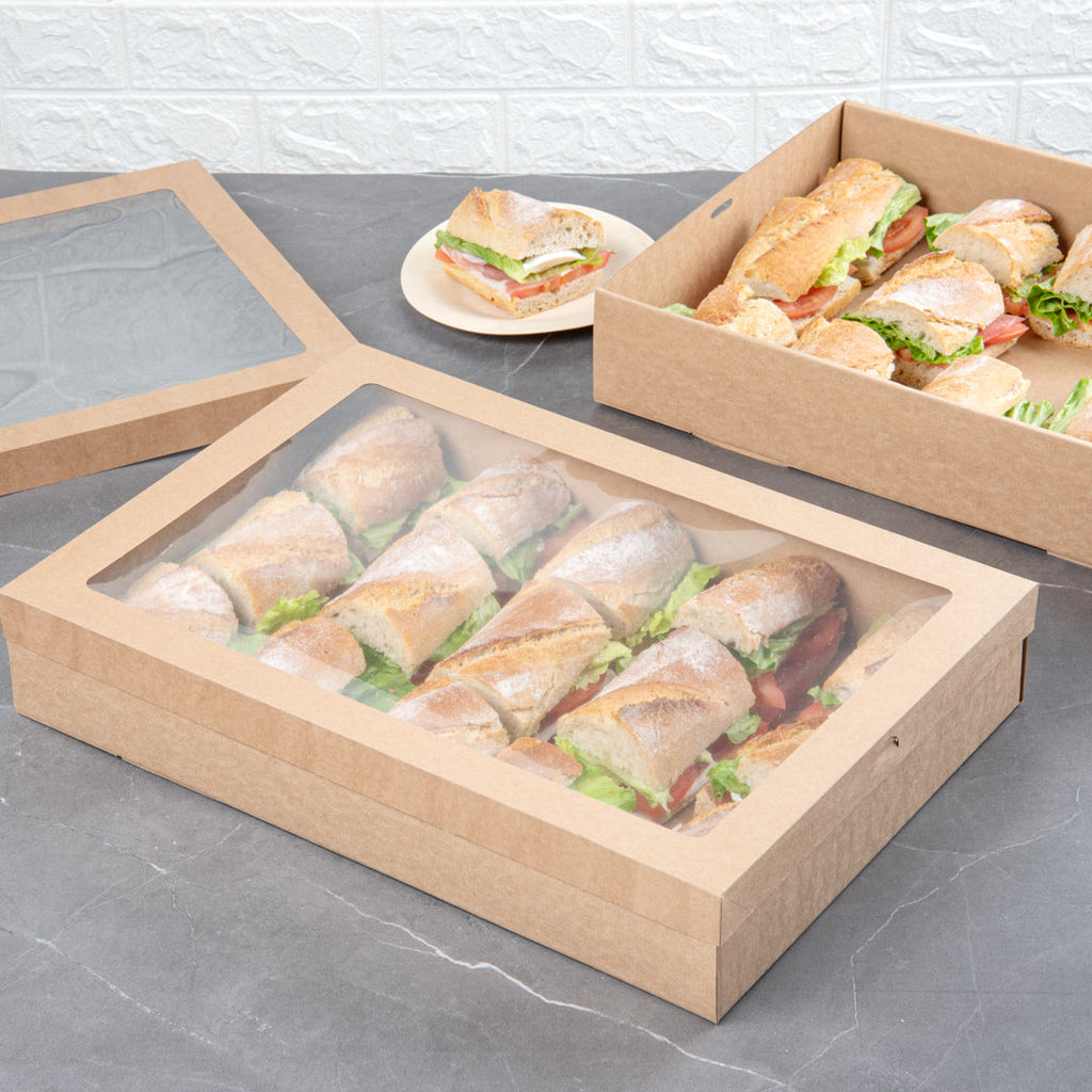Cater Tek Rectangle Kraft Paper Catering Box - with Window Lid - 18" x 12 1/4" x 3 1/4" - 10 count box