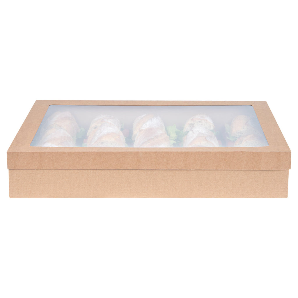 Cater Tek Rectangle Kraft Paper Catering Box - with Window Lid - 18" x 12 1/4" x 3 1/4" - 100 count box