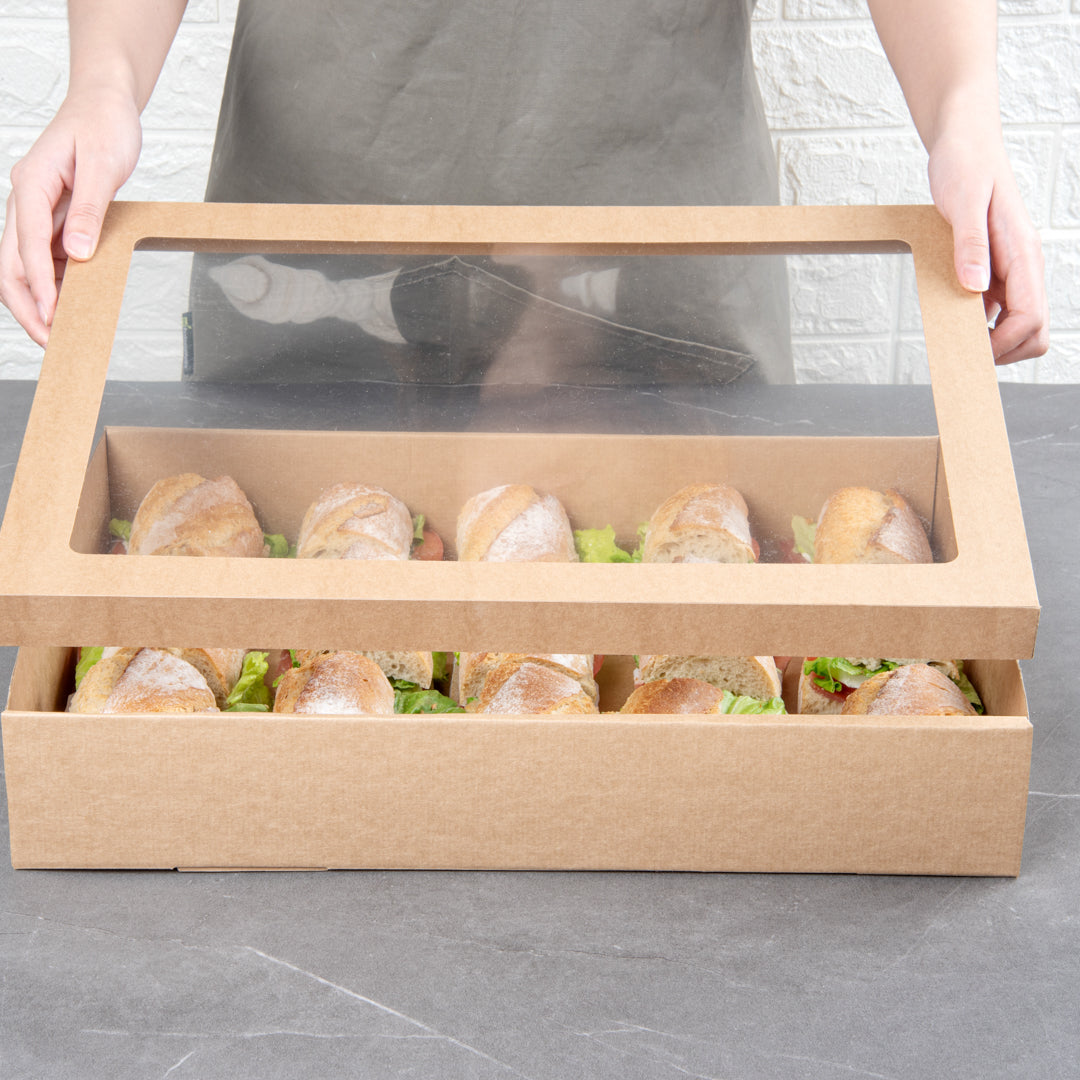 Cater Tek Rectangle Kraft Paper Catering Box - with Window Lid - 18" x 12 1/4" x 3 1/4" - 100 count box