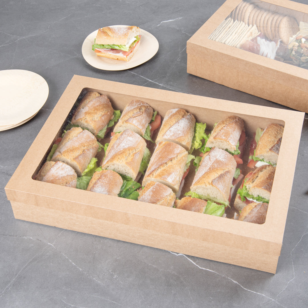 Cater Tek Rectangle Kraft Paper Catering Box - with Window Lid - 18" x 12 1/4" x 3 1/4" - 100 count box