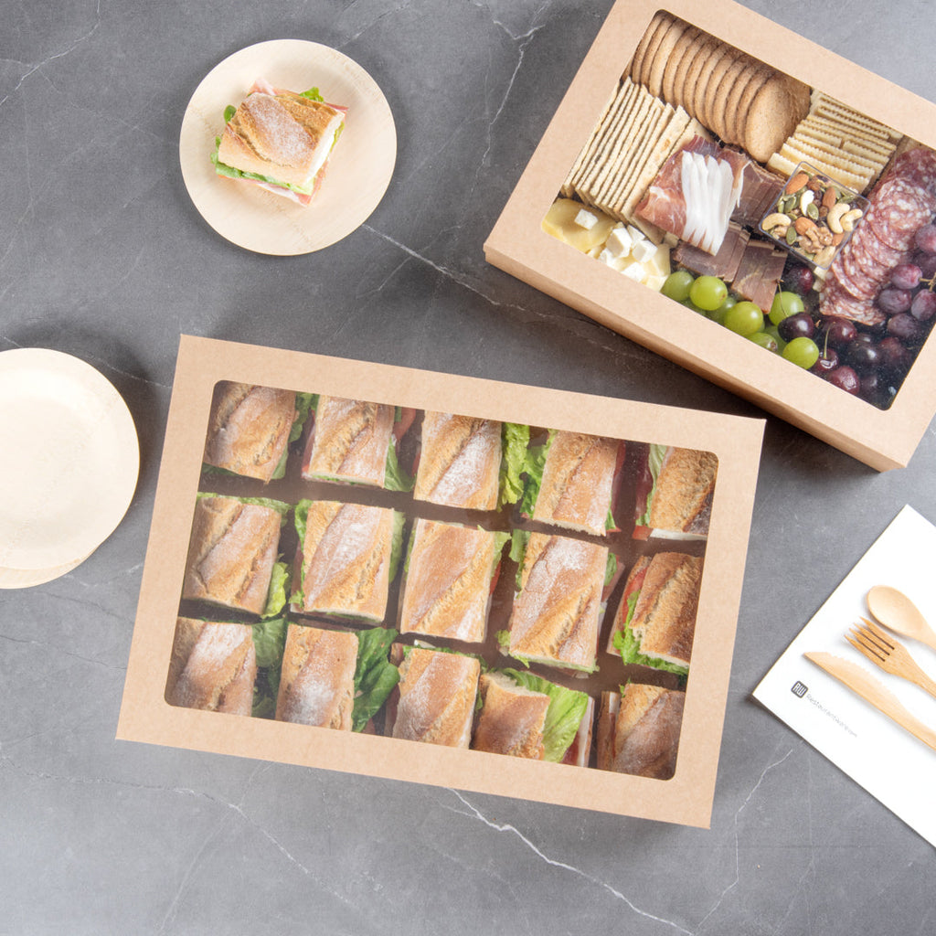 Cater Tek Rectangle Kraft Paper Catering Box - with Window Lid - 18" x 12 1/4" x 3 1/4" - 100 count box