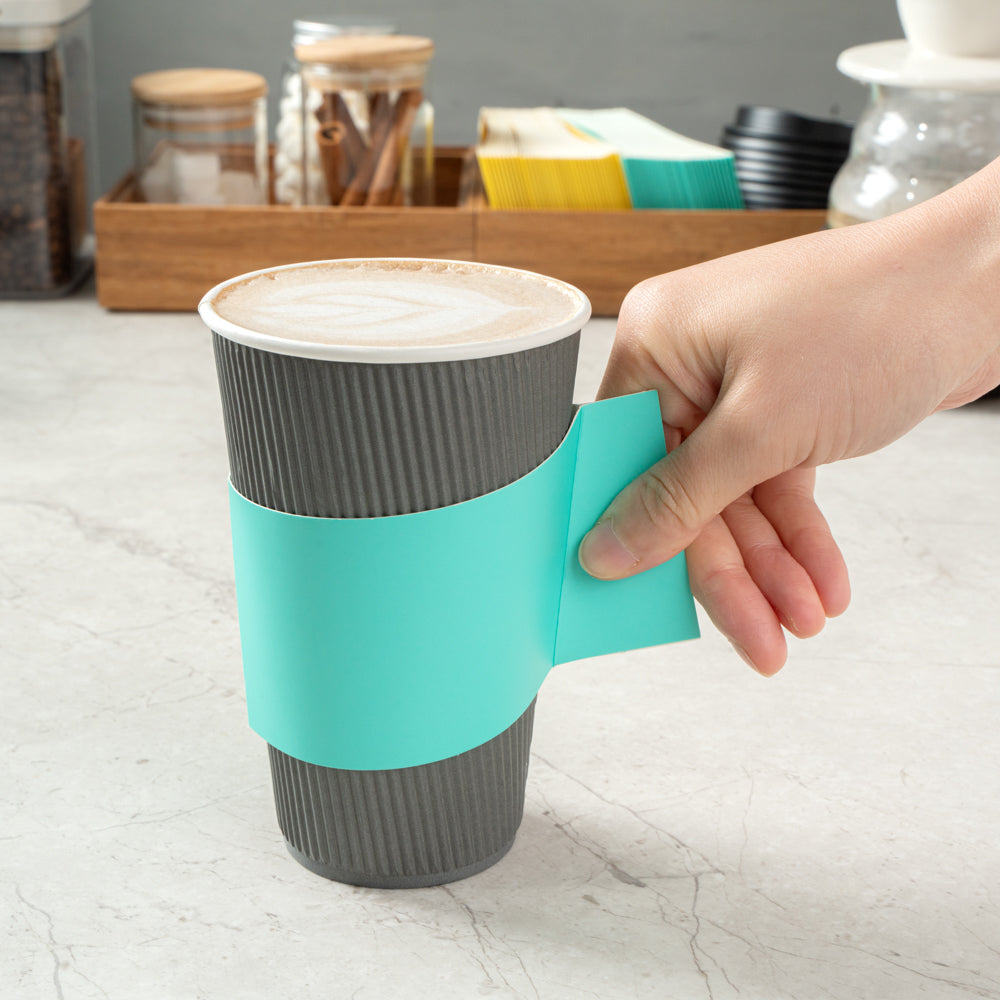 Restpresso Turquoise Paper Coffee Cup Sleeve - with Handle, Fits 12 / 16 / 20 oz Cups - 50 count box