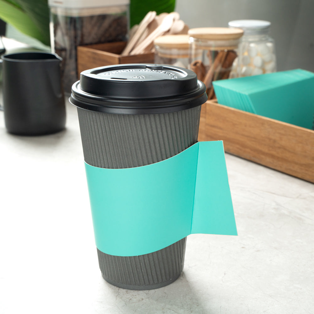 Restpresso Turquoise Paper Coffee Cup Sleeve - with Handle, Fits 12 / 16 / 20 oz Cups - 50 count box