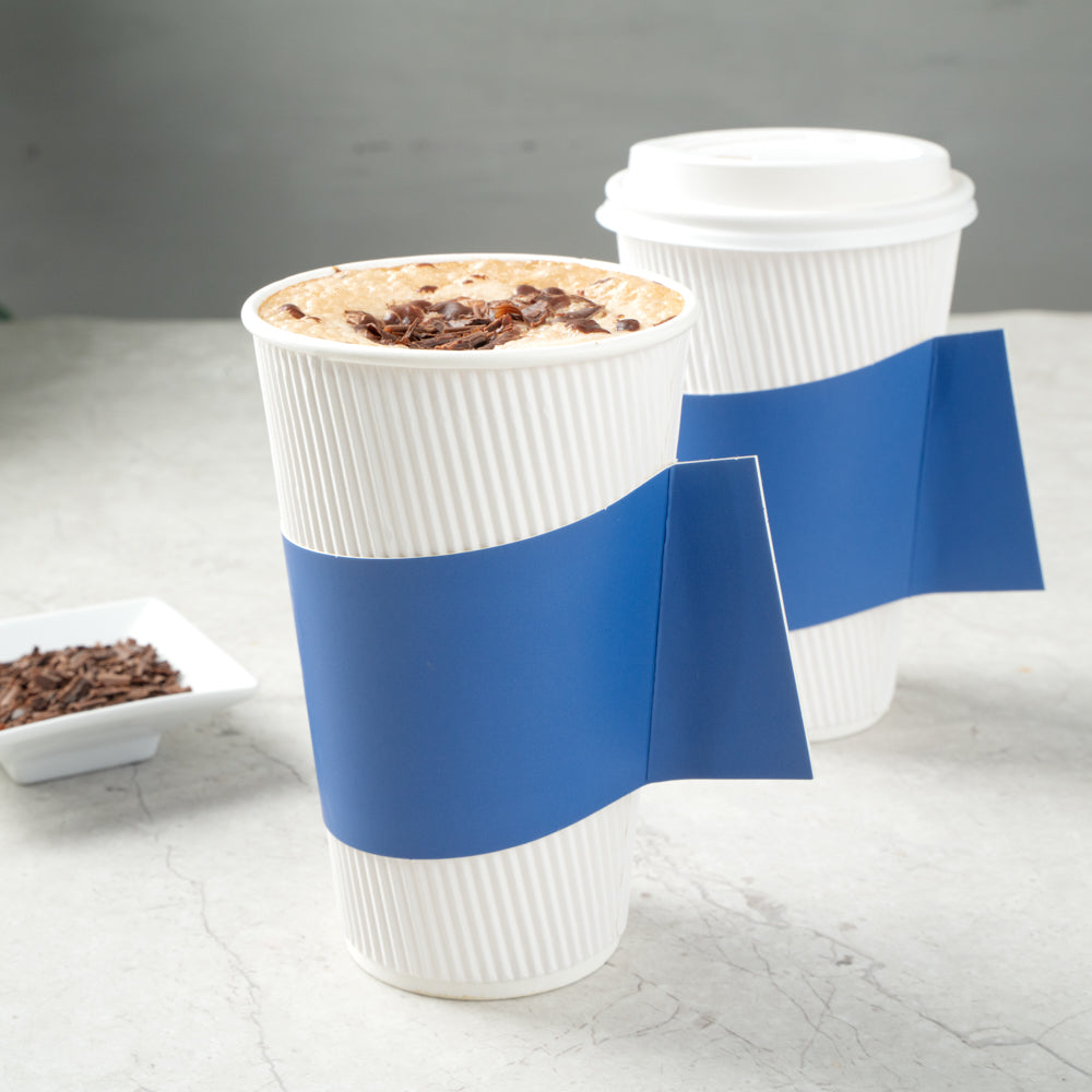 Restpresso Navy Blue Paper Coffee Cup Sleeve - with Handle, Fits 12 / 16 / 20 oz Cups - 50 count box