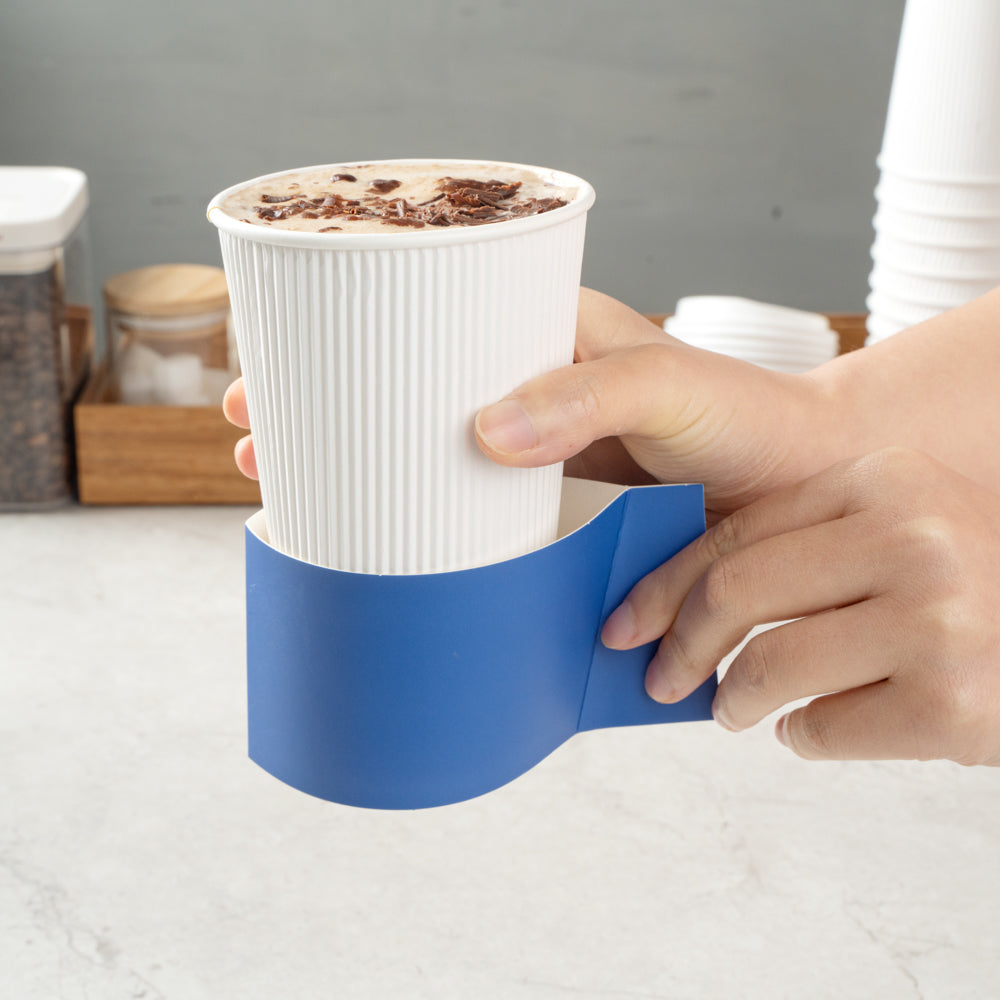 Restpresso Navy Blue Paper Coffee Cup Sleeve - with Handle, Fits 12 / 16 / 20 oz Cups - 50 count box