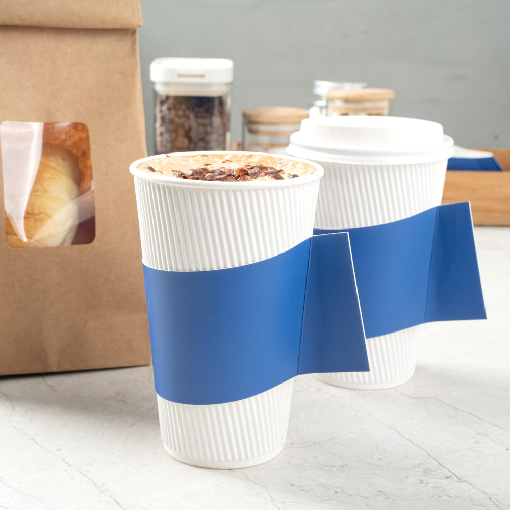 Restpresso Navy Blue Paper Coffee Cup Sleeve - with Handle, Fits 12 / 16 / 20 oz Cups - 1000 count box
