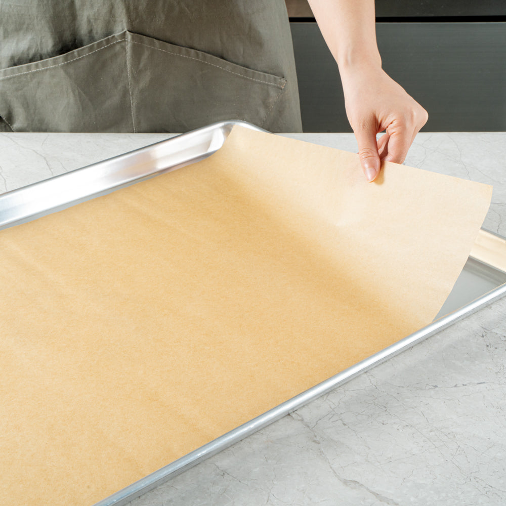 Pastry Tek Unbleached Parchment Paper Full Size Sheet Pan Liner - Silicone Coated, Compostable - 16" x 24" - 200 count box