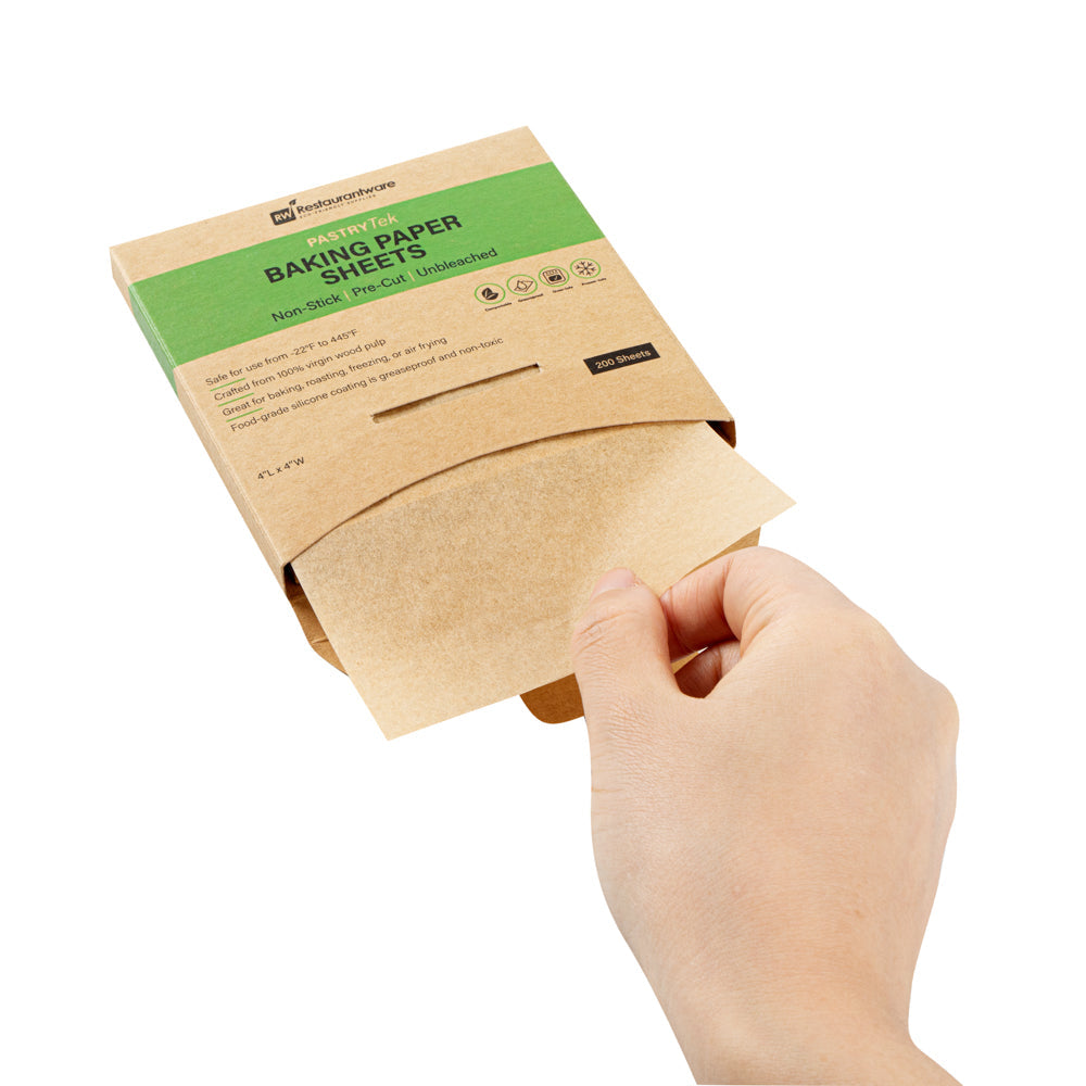 Pastry Tek Unbleached Parchment Paper Baking Sheet - Precut, Silicone Coated - 4" x 4" - 1000 count box