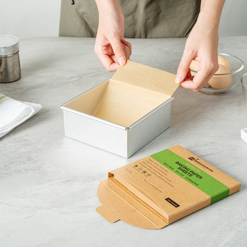 Pastry Tek Unbleached Parchment Paper Baking Sheet - Precut, Silicone Coated, Compostable - 5" x 5" - 200 count box