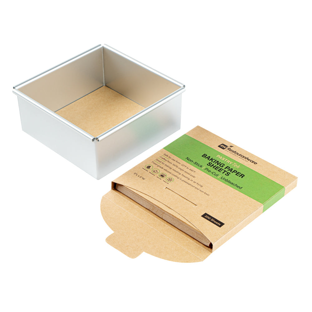 Pastry Tek Unbleached Parchment Paper Baking Sheet - Precut, Silicone Coated, Compostable - 5" x 5" - 200 count box