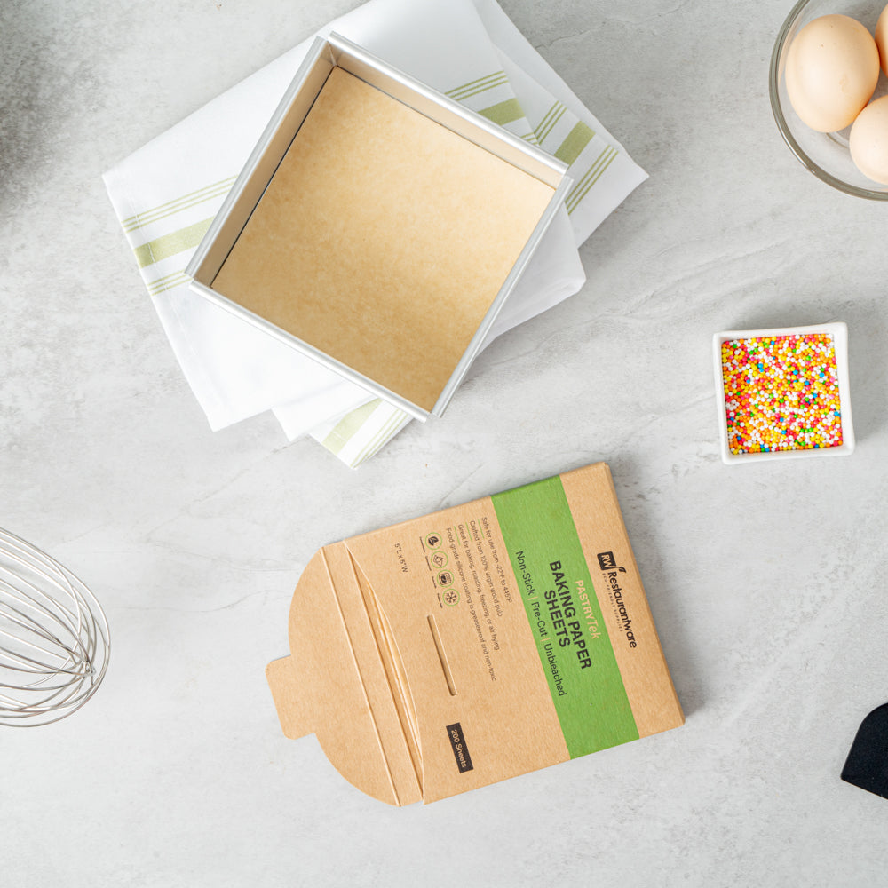 Pastry Tek Unbleached Parchment Paper Baking Sheet - Precut, Silicone Coated, Compostable - 5" x 5" - 200 count box