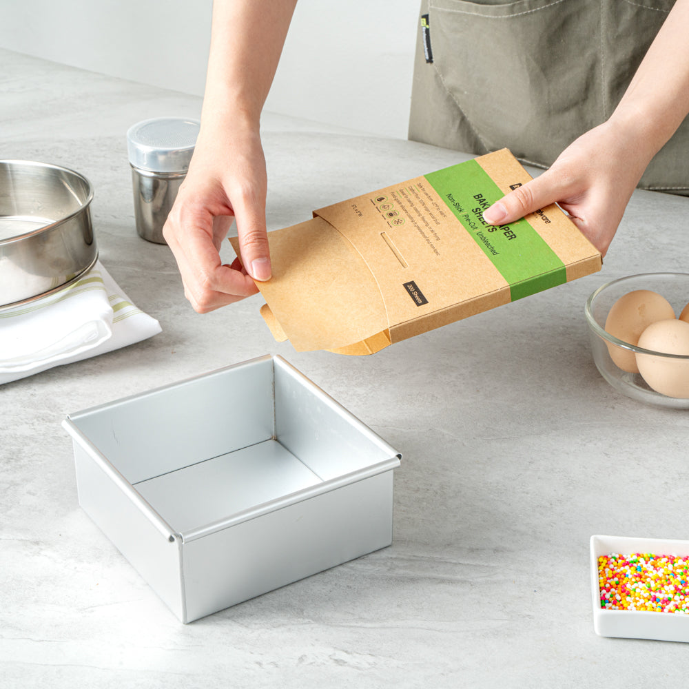 Pastry Tek Unbleached Parchment Paper Baking Sheet - Precut, Silicone Coated, Compostable - 5" x 5" - 200 count box