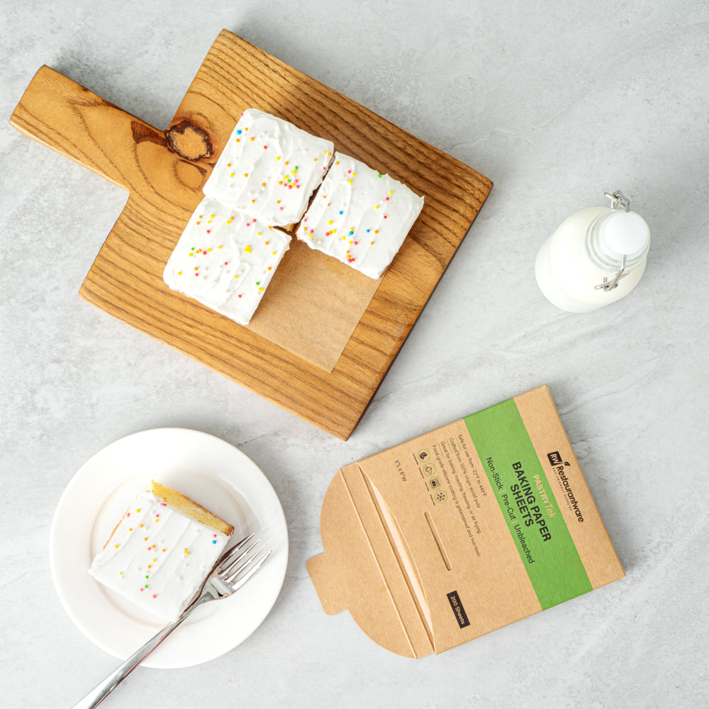Pastry Tek Unbleached Parchment Paper Baking Sheet - Precut, Silicone Coated, Compostable - 5" x 5" - 200 count box