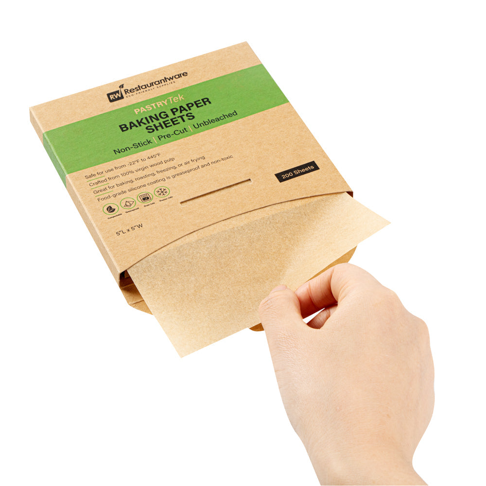 Pastry Tek Unbleached Parchment Paper Baking Sheet - Precut, Silicone Coated, Compostable - 5" x 5" - 1000 count box